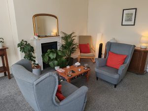 Room with two comfy grey seats with red pillows. A table sits between them, with a clock, two glasses of water, a notebook and some tissues on it. Plants sit in front of a fireplace with a mirror above it.